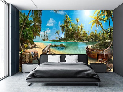 Cliouar-Wall Mural Wallpaper for Bedroom Living Room Wallpaper 3D Wallpaper Decoration Pirate Ship Treasure 103" x 69"(Not Self-Adhesive)
