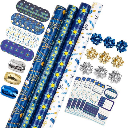 WRAPAHOLIC Hanukkah Wrapping Paper Set - Menorahs, the Star of David, Candles Design Chanukah Wrapping Paper Bundle with Gift Bow & Ribbon & Tag & Sticker