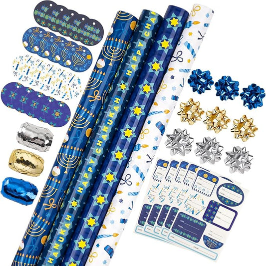 WRAPAHOLIC Hanukkah Wrapping Paper Set - Menorahs, the Star of David, Candles Design Chanukah Wrapping Paper Bundle with Gift Bow & Ribbon & Tag & Sticker