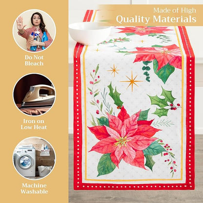 Maison d' Hermine Table Runner 100% Cotton Single Layer Table Runners 108 inches Long for Thanksgiving Christmas Decorations Home Kitchen Dining Party Wedding (Poinsettia Christmas, 14.5" x 108")