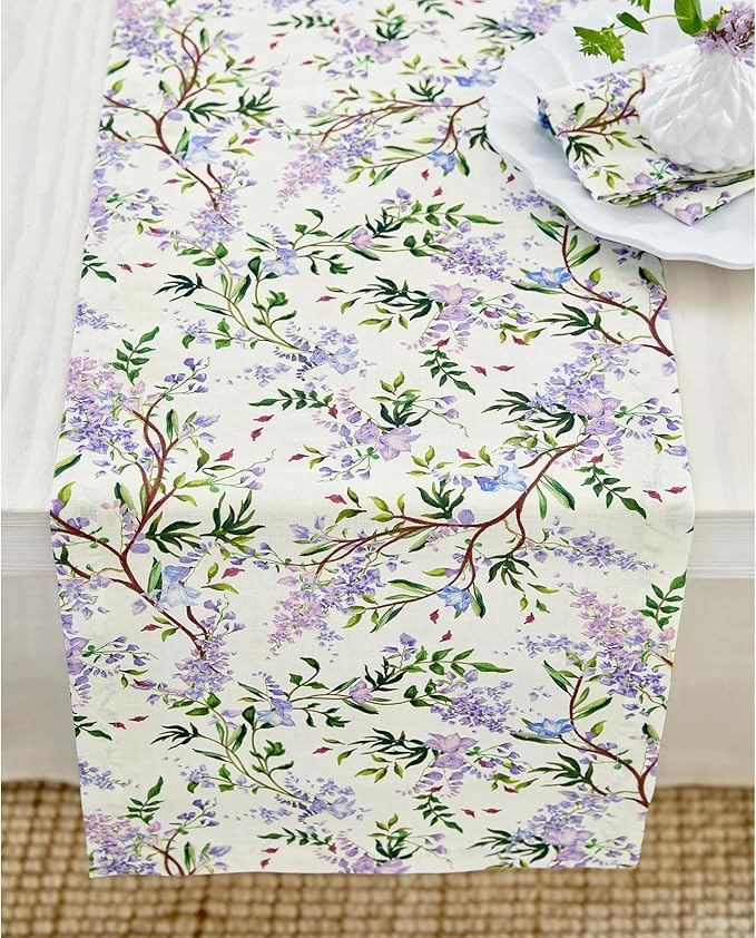Solino Home Lilacs Floral Print Table Runner 108 Inches Long - 100% Pure Linen Table Runner 14 x 108 Inch - Handcrafted and Machine Washable - Lilacs/Off White Print