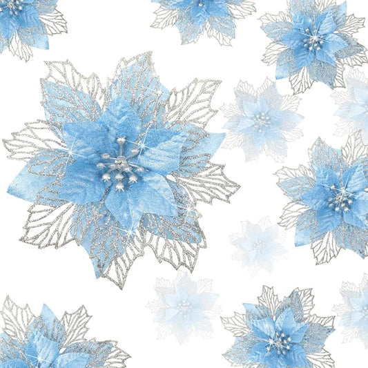 Geosar 24 Pieces Christmas Glitter Poinsettia Flowers Layered Artificial Xmas Flowers Wedding Christmas Tree New Year Ornaments 3/4/6 Inch(Blue)