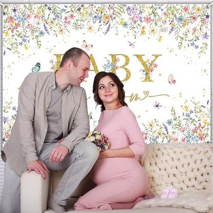 Avezano Baby in Bloom Backdrop Wildflower Baby Shower Party Decorations Watercolor Floral Baby in Bloom Banner Gold Glitter Butterfly Photography Background Cake Table Banner (7x5ft)