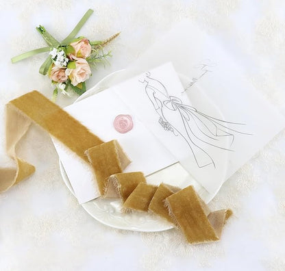 Gold Velvet Ribbon 1.5 Inch Frayed Silk Velvet Ribbon Antique Gold Christmas Tree Velvet for Gift Wrapping, Raw Edge Boho for Wedding Invitation Bridal Bouquet -3yards