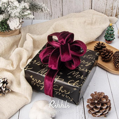 Ribbli Burgundy Velvet Wired Ribbon 1 Inch Velvet with Satin Christmas Ribbon for Gift Wrapping Christmas Tree Decoration Crafts Wreaths Supplies-Continuous 10 Yards