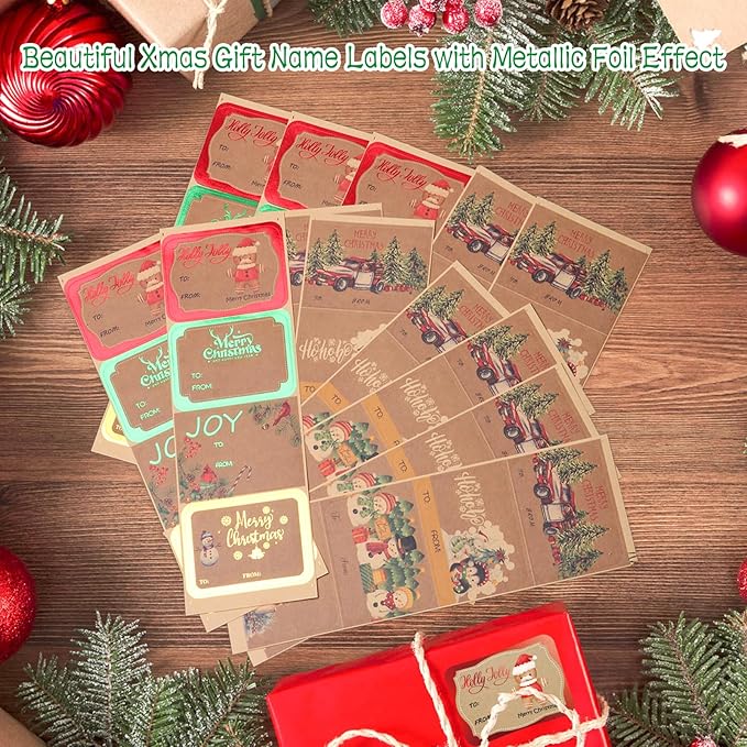 AuroTrends Jumbo Christmas Name Tags Stickers 80 Pcs/8 Designs- Kraft Name Tags for Christmas Presents Christmas Tags Stickers with Relective Metallic Foil