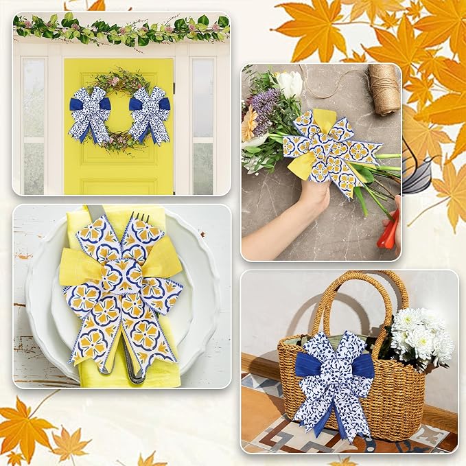 Boho Wired Edge Ribbon Blue Yellow Stripe Plaid Floral Leaves Fabric Craft Ribbon for Wedding Birthday Bridal Shower Wreath Bow Making, 4 Rolls, 24 Yards