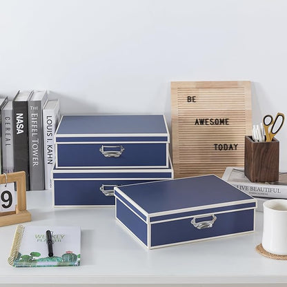 Soul & Lane Decorative Cardboard Storage Boxes with Lids and Label Holders - Set of 3, Memory Boxes for Keepsakes, Office Photo Storage for Pictures, Photo Albums, Documents, Stationery, Heritage Blue