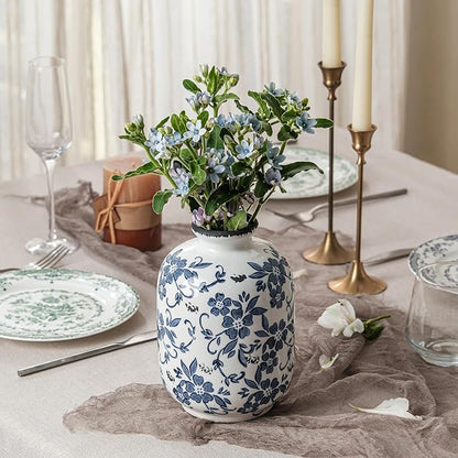 Blue and White Vintage Vase, Ceramic Chinoiserie Floral Vases, Round Farmhouse Rustic Large Flower Vase for Home Decor, Living Room, Office, Bookshelf, Grand Millennial Chinoiserie Decor 7.7 Inch