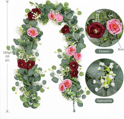TOCHGREEN 4 Pack Artificial Eucalyptus Flower Garland with Red and Pink Roses, Fake Rose Flower Greenery Garland Floral Vines for Wedding Home Party Table Runner Decor (Red Pink, 4PCS)
