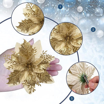 24Pcs Christmas Poinsettia Artificial Flowers and Glitter Berries Kit, 2 Styles Total 16Pcs Christmas Tree Flowers Ornaments, 8Pcs Christmas Tree Picks for Wedding Holiday Decorations, Gold