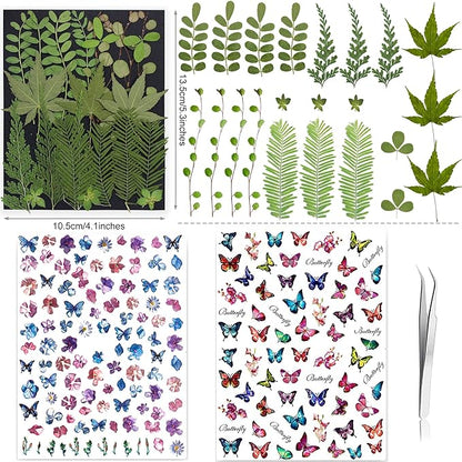 285Pcs 9 Packs Mixed Types Real Natural Dried Pressed Flowers & Leaves for Resin Molds, DIY Crafts, Jewelry Making + 100Pcs Butterfly Stickers + Tweezers