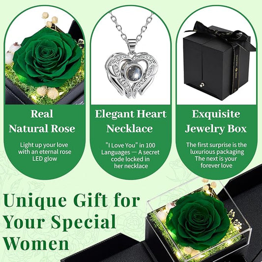 FIACO Gifts for Women Preserved Real Roses with I Love You Necklace Fresh Forever Flowers Birthday Gifts for Mom Grandma Wife Girlfriend on Anniversary Christmas Valentines Romantic Gift