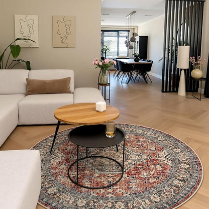 Lahome Oriental Washable Round Area Rug, Non-Slip Round Rugs 6ft Ultra-Thin, Soft Large Throw Circle Carpet for Living Room Bedroom Kitchen Nursery, Brick Red