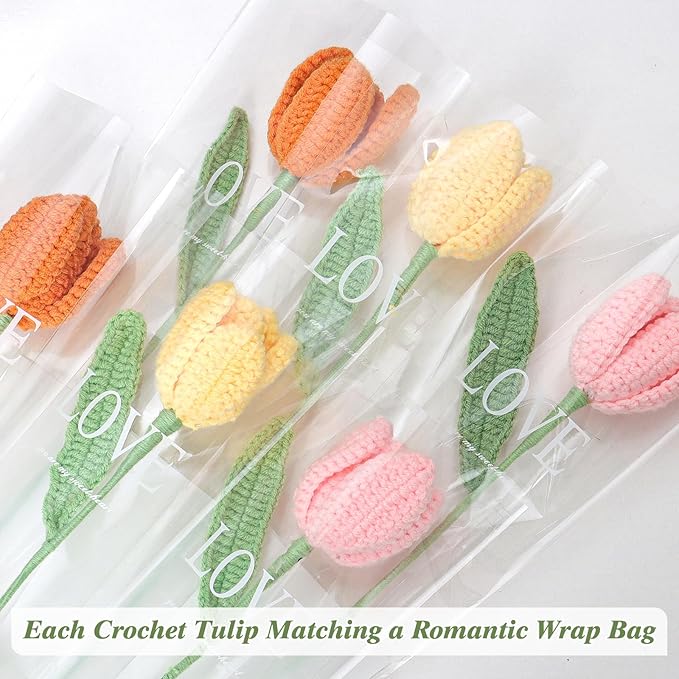 Dremisland Crochet Flowers 6PCS Crochet Tulips Finished Handmade Knitted Flowers Crocheted Bouquets Pastel Floral Gift for Mothers Girls Friends Teacher Gifts for Women,Graduation Flower Home Decor