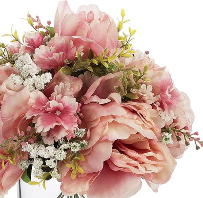 ENOVA FLORAL Artificial Silk Flower Arrangement with Vase,Mixed Artificial Silk Peony Flower in Vase for Decoration Home Office, Wedding Centerpiece (Champagne)