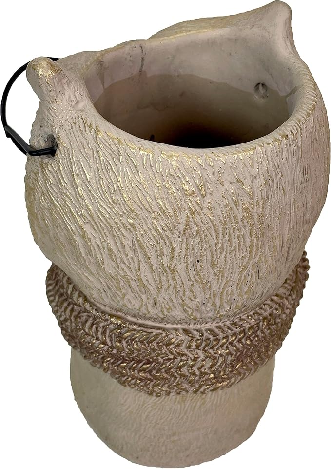 Bespectacled Owl Cement Vase 8.25 Inch – Whimsical Animal Planter with Real Glasses, Knit Textured Scarf, and Gold Metallic Accents, Distressed Taupe Finish, Unique Indoor Decor Gift