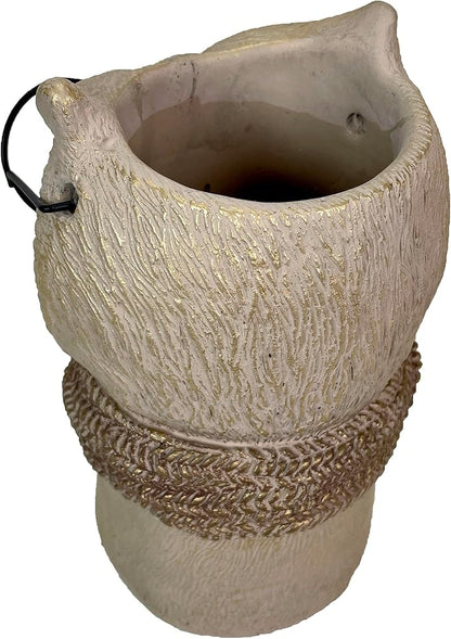 Bespectacled Owl Cement Vase 8.25 Inch – Whimsical Animal Planter with Real Glasses, Knit Textured Scarf, and Gold Metallic Accents, Distressed Taupe Finish, Unique Indoor Decor Gift