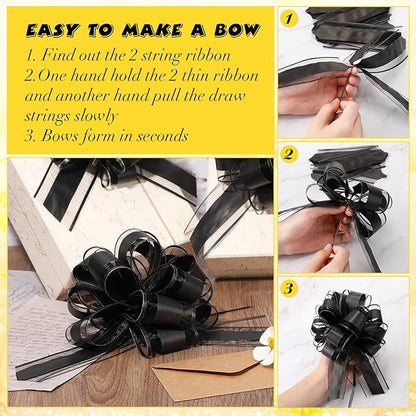 WILLBOND 20 Pieces 6 Inch Pull Bows Gift Wrapping Ribbon Pull Bows for Christmas Wedding Baskets Valentine Multicolor Wrap Accessory for Gift Present Holiday Decor(Solid Black)