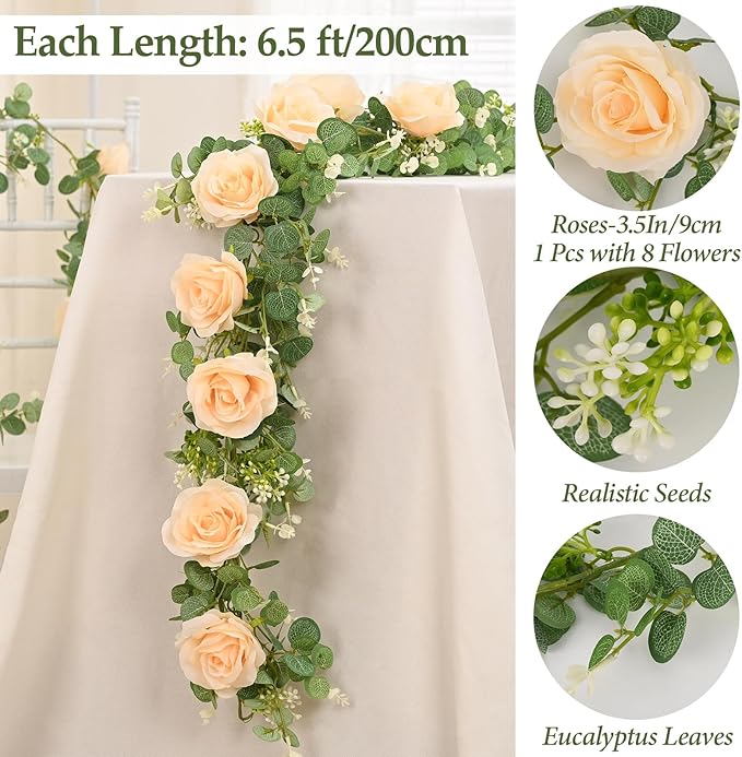Dolicer 4Pcs 26Ft Artificial Eucalyptus Garlands with Flowers - 8 Roses, Faux Floral Greenery Garlands Fake Flowers Vines for Wedding Table Centerpieces Arch Party Ceremony Backdrop Decor (Champagne)