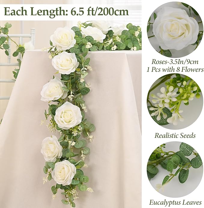 Dolicer 4Pcs 26Ft Artificial Eucalyptus Garlands with Flowers - 8 Roses, Faux Floral Greenery Garlands Fake Flowers Vines for Wedding Table Centerpieces Arch Party Ceremony Backdrop Decor (White)
