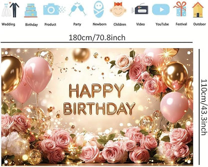 Rose Gold Birthday Backdrop Banner Pink Balloon Floral Rose Photography Background for Girls Women Gold Birthday Party Wedding Baby Shower Decor Photo Booth Supplie 71 x 43 Inch