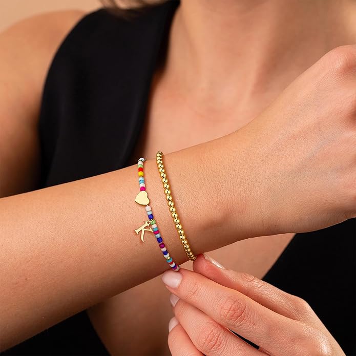 Ritach Christmas Gifts for Teens Girls Kids - 2PCS Colorful Heart Initial Bracelet Stackable Real Gold Plated Stretchable Beaded Bracelets for Teen Girls Kids Birthday Gifts Stocking Stuffers