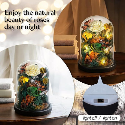 Preserved Rose with Butterfly, LED Forever Flowers in Glass Dome, Eternal Flowe for Women, Birthday Gifts for Mom Friend, Includes Greeting Card & Luxury Gift Box (Green)