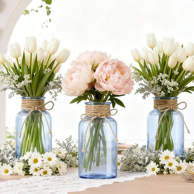 Vintage Glass Flower Vase，6 Pack Blue Farmhouse Glass Centerpiece Vases Mason Jars for Weddings, Parties & Home Decor Bulk (6, Blue)