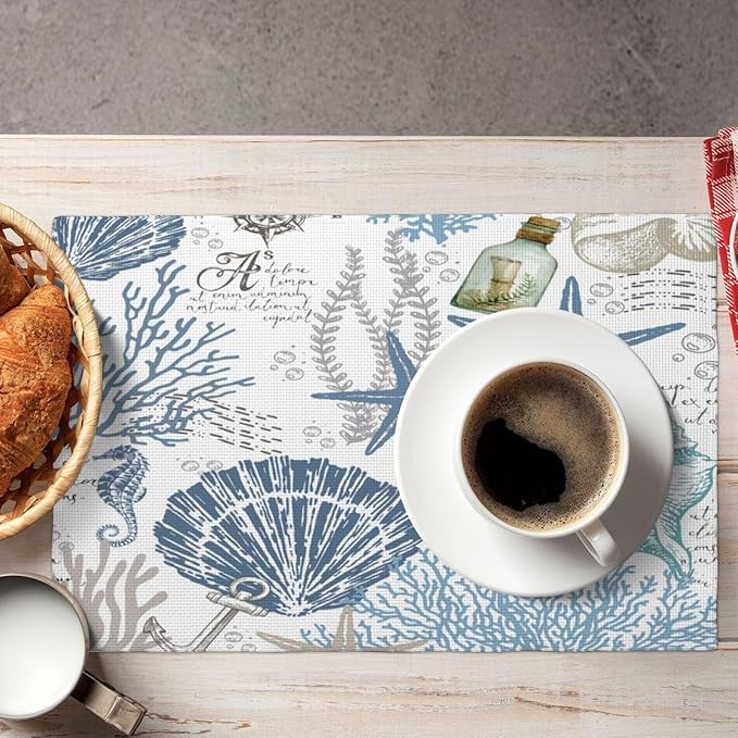 Nautical Placemats Set of 4,Summer Starfish Beach Theme Ocean Seashell,Blue Coastal Linen Fabric Table Mats for Home Kitchen Dining Party Decor 6 PCS
