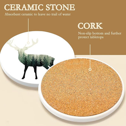 Drink Coasters with Holder,6 Pcs Deer Misty Forest Absorbent Ceramic Coasters with Cork Base,Cute Funny Table Drinks Coasters,Table Home Decor,4 Inches