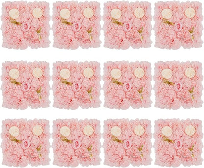 Eapmic 15"x 15" Artificial Flower Wall Panels,Flower Wall Mat Silk Flower Panels for Outdoor Garden Backyard Fence Fence Privacy Screen and Indoor Wall Decor(12Pcs Pink+Champagne)