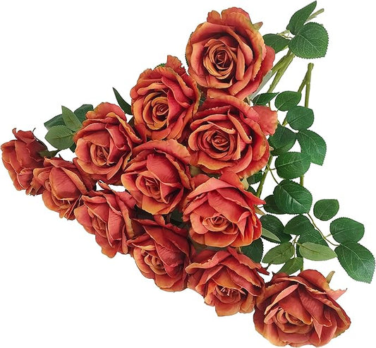 Fake Burnt Orange Roses Artificial Flowers,Floral Diameter 4'',20 Pcs Artificial Silk Roses Flowers with Stems for Wedding Arrangement Centerpieces Party Home Table Decorations (20, burnt orange )