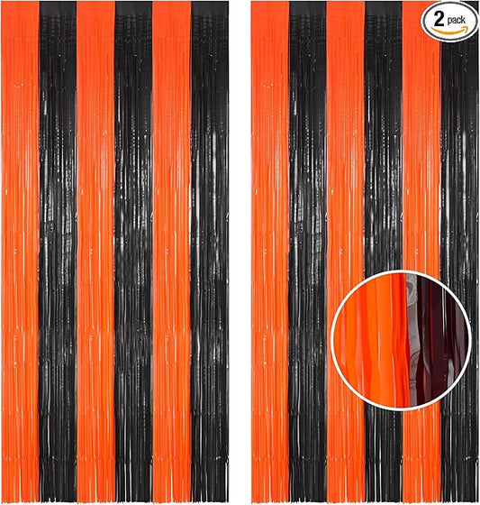 BRAVESHINE Tinsel Photo Backdrop Curtains - 2 Pack 3.2x8.2ft Black Orange Foil Fringe Streamer Curtain for Birthdays/Sports/Basketball/Pumpkins/Home/Office/Indoor/Outdoor Party Decorations
