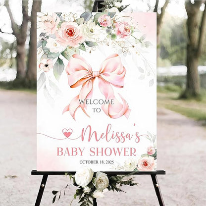 Personalized Pink Bow Baby Shower Welcome Sign, Custom Minimalist Bow Baby Girl Party Sign, Baby's Shower Gifts, Birthday Gifts, Gender Reveal Decorations, Newborn Announcement Party Supplies - 12