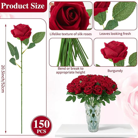 150 Pcs Roses Artificial Flowers, Silk Crimson Burgundy Artificial Flowers Petals Long Stem Roses for Wedding Bouquet Home Party Decor