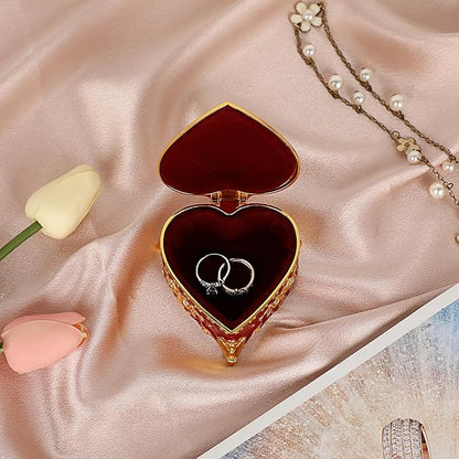 Hipiwe Heart Shape Jewelry Box Classic Metal Trinket Organizer Ring Storage Box with Rose Pattern Jewelry Storage Box for Ring Earrings Necklace, Gift for Women, Red