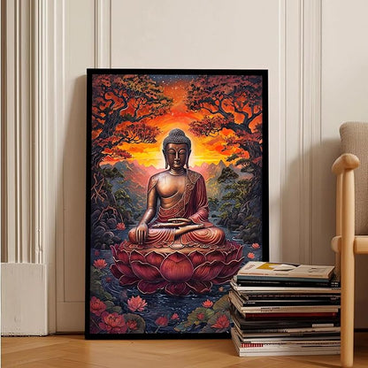 Golden Buddha on lotus seat serene meditation statue amidst lush trees flowing water and sunrise light spiritual home art for a tranquil decor 20x30in Metal blackFramed