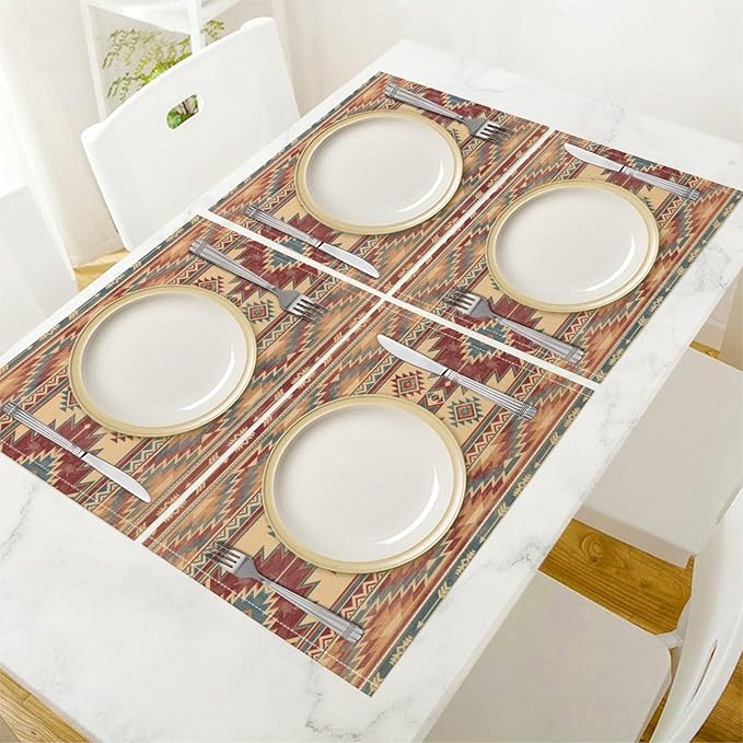 Aztec Placemats Set of 4 Retro Western Native American Tribal Art Printed Dining Table Mats for Restaurant Home Kitchen Holiday Decor 12x18in