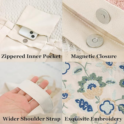 Aesthetic Embroidery Tote Bag for Lady Cute Reusable Canvas Shoulder Bag for Girls Women Shopping Grocery