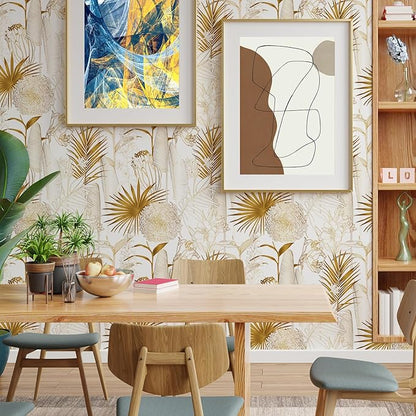 Gold/White Chrysanthemum Floral Peel and Stick Wallpaper - Tropical Palm Leaf Vintage Floral Contact Paper - Removable Wallpaper Vinyl Self Adhesive for Living Room Bedroom Shelf - 118.1"x17.71"