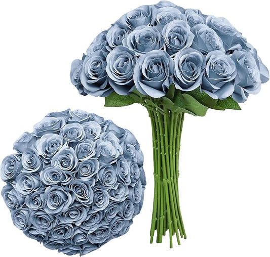 Artificial Rose Flower Artificial Flowers Flower with Long Stem Silk Roses Bouquet for Wedding Bridal Shower Party Home Decoration (Dusty Blue, 30 Pcs)