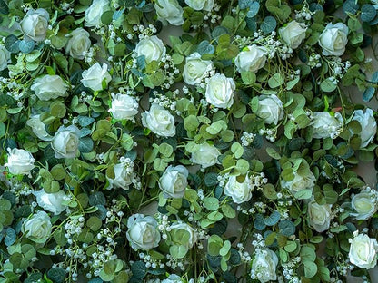 6FT Artificial Eucalyptus Garland with Flowers, 10 White Roses Baby Breath Garland Floral Greenery for Wedding Party Centerpiece Table Runner Backdrop Wall Decor Decoration