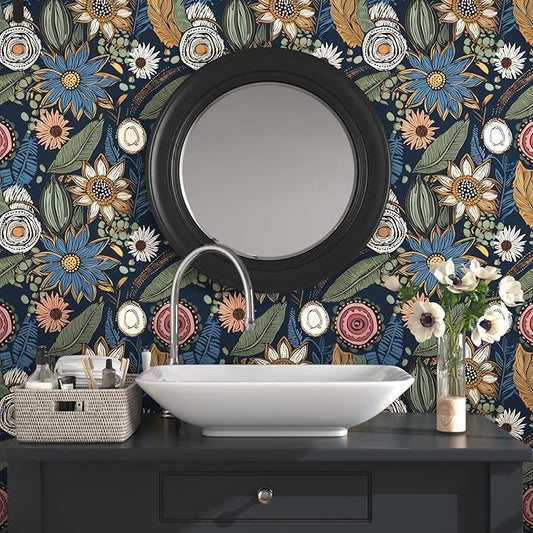 Boho Wallpaper Peel and Stick, Dark Vintage Floral Contact Paper, 17.5" x 197" Retro Botanical Flower Wall Paper Self Adhesive Removable Waterproof for Walls Shelf Cabinet Table (Blue,Yellow, Green)