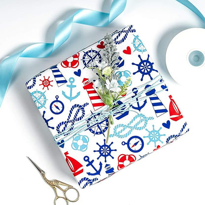 WRAPAHOLIC 30 Inch Nautical Anchors Wrapping Paper Roll - 30 Inch x 33 Feet - Nautical Element Anchor Design Perfect for Birthday, Nautical Beach Decoration, Baby Shower