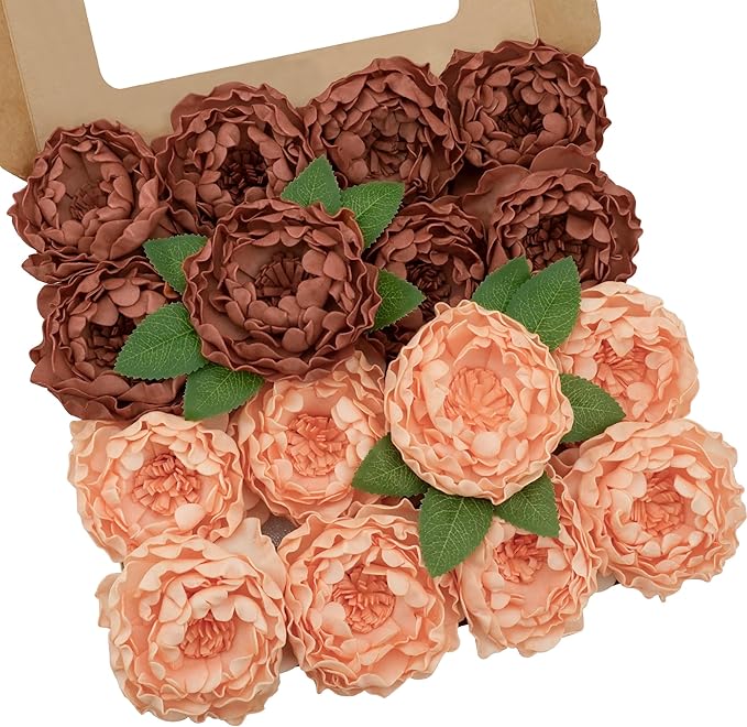 Artificial Flowers, 16pcs Realistic Rose for DIY Wedding Bouquets Centerpieces Arrangements, Terracotta Peonies Flowers with Stem Bridal Shower Party Home Decorations