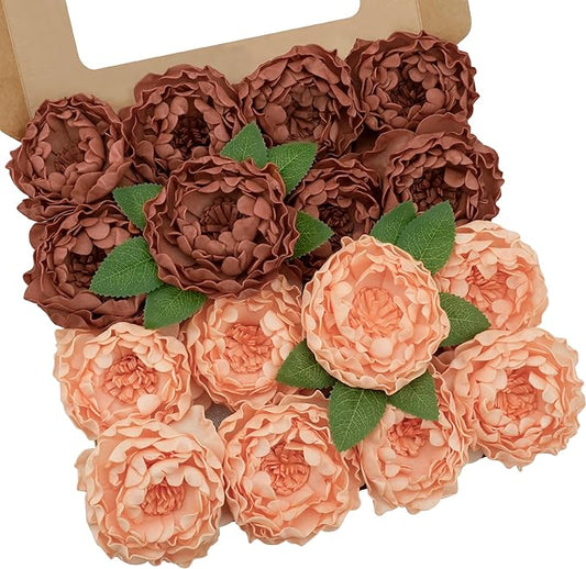 Artificial Flowers, 16pcs Realistic Rose for DIY Wedding Bouquets Centerpieces Arrangements, Terracotta Peonies Flowers with Stem Bridal Shower Party Home Decorations