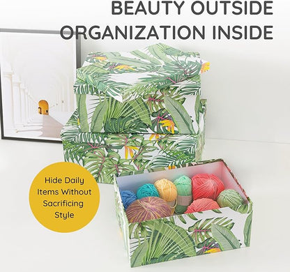 Soul & Lane Decorative Storage Cardboard Boxes with Lids | Tropical Breeze - Set of 3 | Green Jungle Leaves Paperboard Nesting Boxes