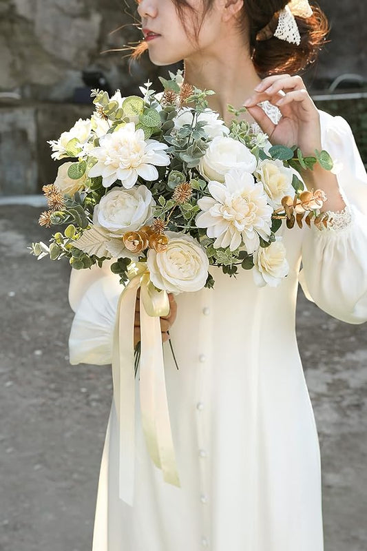 YYHUAWU Artificial Flowers Combo Box Set Gradient Color Flower Leaf with Stems for DIY Wedding Bouquets Centerpieces Baby Shower Party Home Decorations Ivory