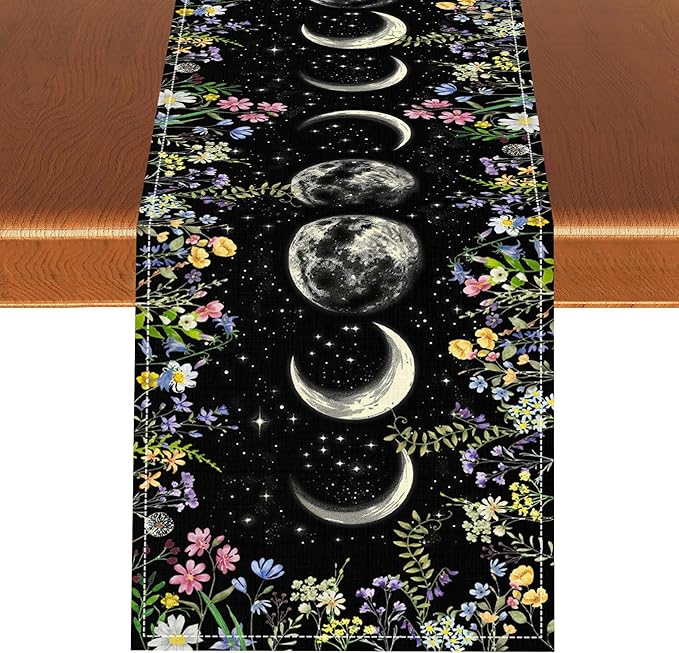 Wild Floral Table Runner, Boho Spring Gothic Moon Phase Wildflower Mystical Witchy Farmhouse Coffee Table Center Decor for Home Kitchen Dining Patio Holiday Party Table Decorations 13x90 inches